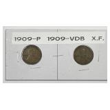 1909 and 1909 VDB Lincoln Cent Pair Extra FIne XF