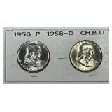 1958 P & D Franklin Silver Half Pair BU