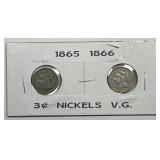 1865 & 1866 Three Cent Nickel 3cN Pair VG