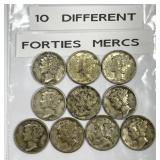 Ten Different Mercury Silver Dimes From The 1940