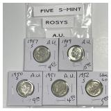 Five "S" Minted Roosevelt Silver Dimes AU