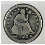 1853 Seated Liberty Silver Quarter Arr & Rays VG