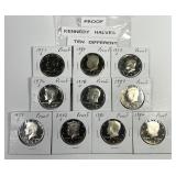 Lot of 10 Different Proof Struck Kennedy Halves