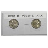 1938 D & S Jefferson Nickel Pair AU