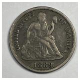 1889-S Seated Liberty Silver Dime Very Good VG