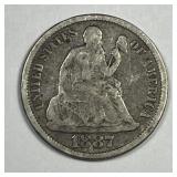1887 Seated Liberty Silver Dime Very Good VG