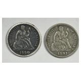1890 & 1891 Seated Liberty Silver Dime Pair