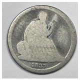 1837 Seated Liberty Silver Dime About Good AG