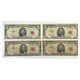 Four 1963 $5 US Notes Red Seal AA Block