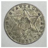 1857 Three Cent Silver 3cS About Uncirculated AU