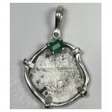 Silver 2 Reale Cob Coin & Emerald Pendant