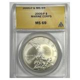 2005 Marines Silver UNC Commem $1 ANACS MS69