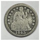 1843 Seated Liberty Silver Dime Good G