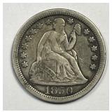 1850 Seated Liberty Silver Dime Fine F
