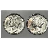 1943 D & S Mercury Silver Dime Pair BU