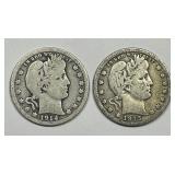 1914-D & 1915-D Barber Silver Quarter Pair