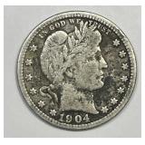 1904 Barber Silver Quarter Very Good VG