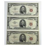 Three 1963 $5 Red Seal US Notes AA Block