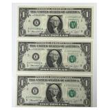 Three 1974 $1 FRN Notes Consecutive CU