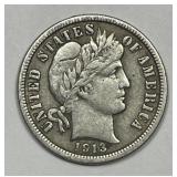 1913 Barber Silver Dime Very Fine VF