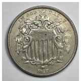 1867 Shield Nickel No Rays About Uncirculated AU