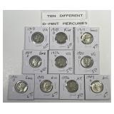 10 Different "D" Minted Mercury Silver Dimes