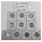10 Different "P" Minted Mercury Silver Dimes