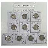 10 Different "S" Minted Mercury Silver Dimes
