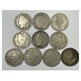 Lot of Ten Different Liberty Head V Nickels