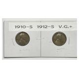 1910-S & 1912-S Lincoln Wheat Cent Pair Very Good