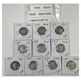 Ten 1920 & Before Mercury Silver Dimes
