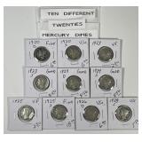 Ten Mercury Silver Dimes From The 1920