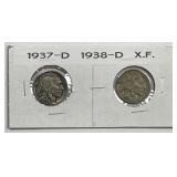 1937-D & 1938-D Buffalo Nickel Pair Extra Fine XF
