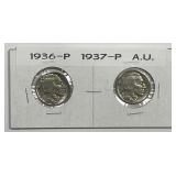 1936 & 1937 Buffalo Nickel Pair About Uncirculated