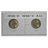 1938 D & S Jefferson 5c Pair About Uncirculated AU