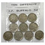 Ten Different Buffalo Nickels Extra Fine XF