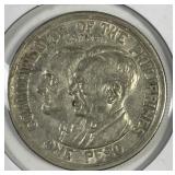 PHILIPPINES: 1936 Silver 1 Peso Roosevelt-Quezon