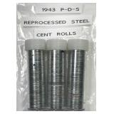 1943 P D S Reprocessed Steel Cent Roll Trio