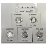 Lot of Five 1/10 oz .999 Silver "Tenth" Rounds