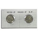1919 & 1920 Buffalo Nickel Pair Extra Fine XF