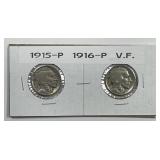 1915 & 1916 Buffalo Nickel Pair Very Fine VF