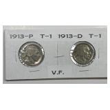 1913 P & D Buffalo Nickel Type I Pair VF
