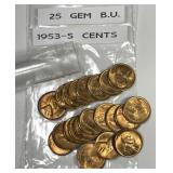 1953-S Lincoln Cent Lot of 25 Gem Uncirculated BU