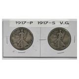 1917 P & S Walking Liberty Silver Half Pair VG