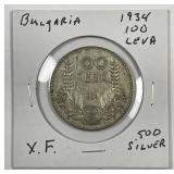 BULGARIA: 1934 Silver 100 Leva Extra Fine XF