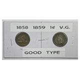 1858 Flying Eagle & 1859 Indian Head Cent Pair VG