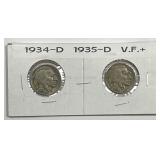 1934-D & 1935-D Buffalo Nickel Pair Very Fine VF