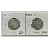1910 P & D Barber Silver Quarter Pair