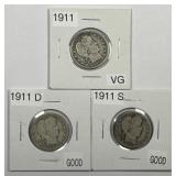 1911 P D S Barber Silver Quarter Trio