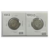 1913 P & D Barber Silver Quarter Pair